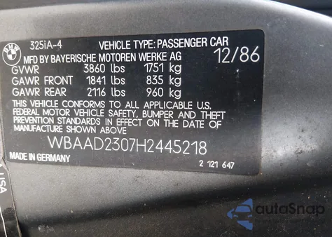 1987 BMW 325 I Automatic из США, поврежденный, VIN WBAAD2307H2445218